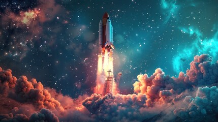 The rocket was lifted into space. A spaceship launches with smoke in the starry sky.
