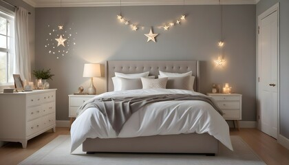 A detailed HD image of a serene bedroom with a round mirror hanging above a dresser, reflecting the room’s calming ambiance and stylish decor.