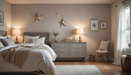 A detailed HD image of a serene bedroom with a round mirror hanging above a dresser, reflecting the room’s calming ambiance and stylish decor.
