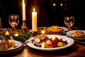 A beautifully set table with delicious food and lit candles creating a warm and inviting ambiance.