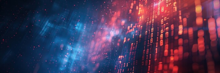 Obraz premium Abstract digital background with neon lights and binary code for a cyber technology concept.