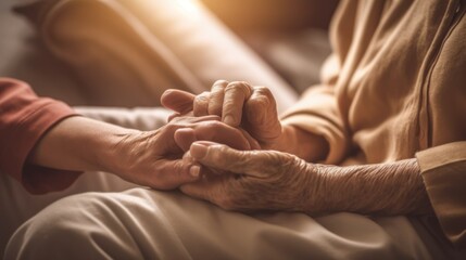 two hands holding each other. One hand belonged to someone older, with visible wrinkles and freckles, while the other hand looked younger and gently held an older hand.
