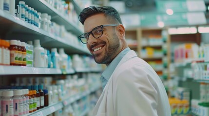 a man in a white lab coat stood in front of a shelf filled with various pharmaceutical products