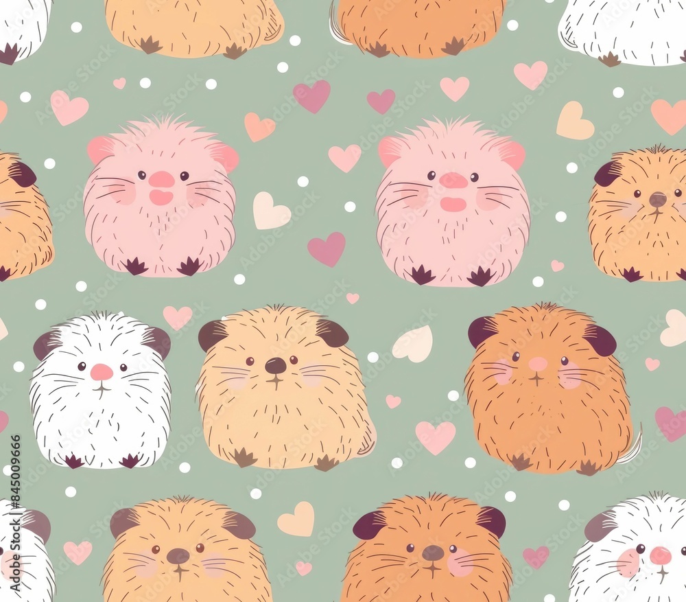 Poster charming and cozy seamless pattern featuring a repeating design of fluffy guinea pigs in soft pastel