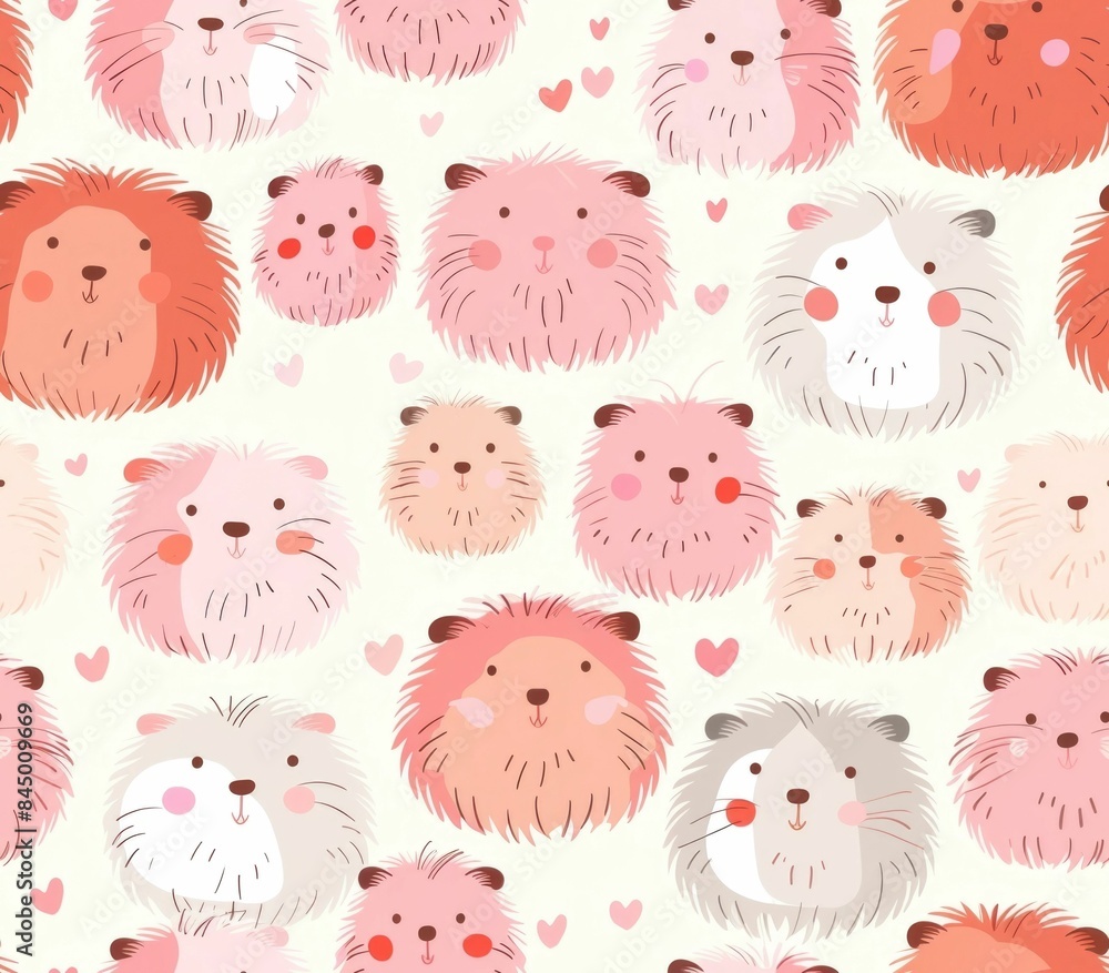 Poster seamless pattern featuring a repeating design of fluffy and adorable guinea pigs in soft pastel shad