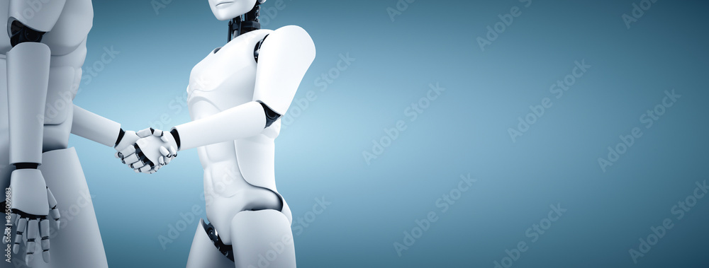 Aufkleber mlp 3d illustration humanoid robot handshake to collaborate future technology development by ai thin
