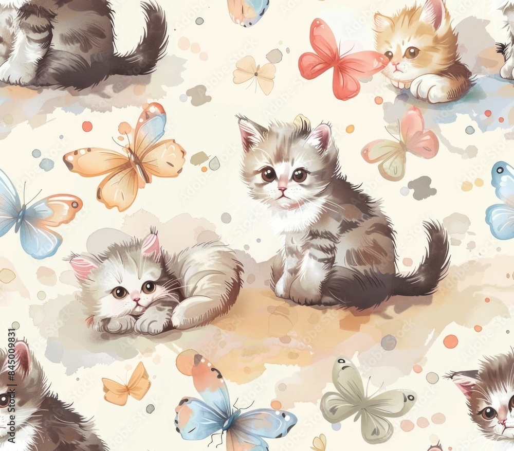 Poster whimsical seamless pattern featuring adorable kittens playing with colorful butterflies in a soft pa