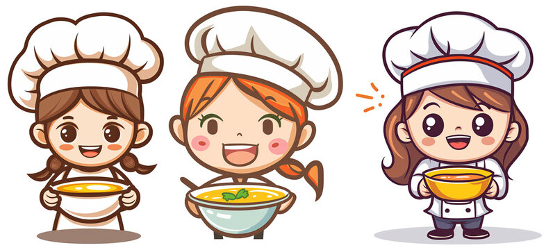 set of cute girl as chef with soup in a bowl logos, emblems, labels, badges. vector style
