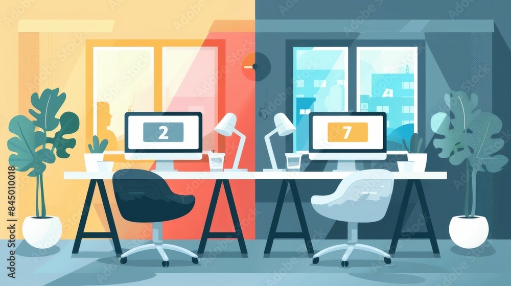 Poster a modern and minimalist office workspace with dual computer monitors displaying two different webpag