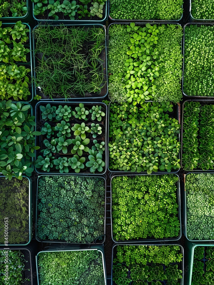 Poster A top-down view of a microgreen farm, showcasing various types of microgreens growing in trays. The bright green sprouts are a vibrant contrast against the dark trays, creating a visually appealing 