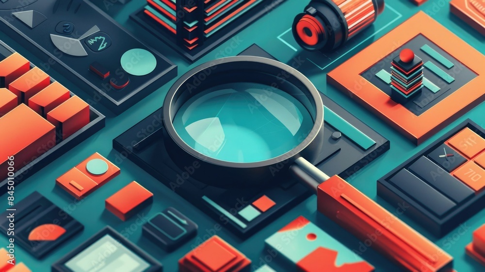 Poster Abstract with geometric shapes patterns and vibrant colors highlighting the concept of keyword research data analysis and digital marketing strategies for photo optimization and discoverability