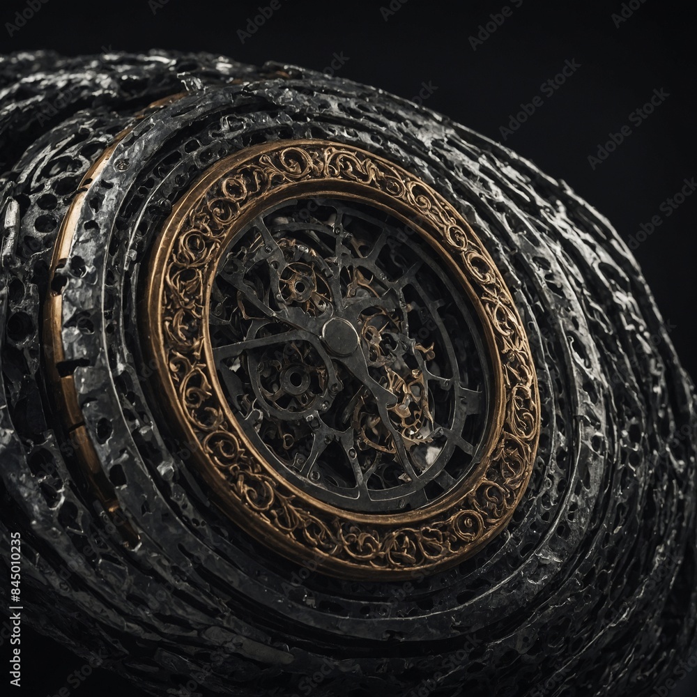 Poster Meticulously crafted mechanical watch with intricate design embedded in textured, dark surface that part of watchs band. Watch features ornate golden details.