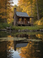 Rustic wooden cabin with stone chimney stands by pond, surrounded by trees in early autumn colors. Ponds calm water reflects cabin, trees, with floating leaves, lily pads.