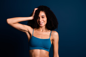 Fototapeta premium No retouch photo of seductive pretty lady underwear lingerie enjoying self acceptance isolated blue color background