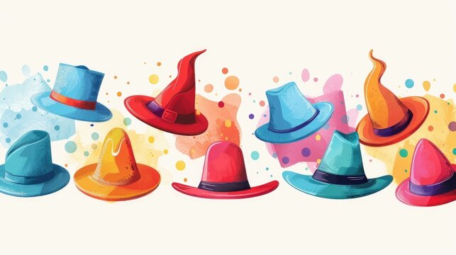 Vibrant depicting a collection of colorful hats each representing different problem solving frameworks and ideation methods like the Six Thinking Hats and TRIZ