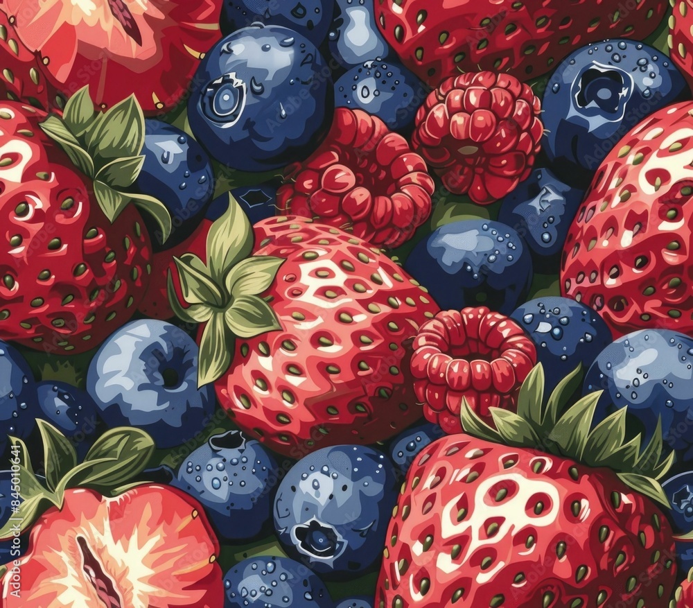 Poster seamless background pattern featuring an arrangement of colorful and juicy strawberries blueberries 