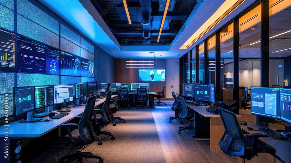 Poster in an office building, a row of computer monitors sits on a desk, creating a symmetrical display. th