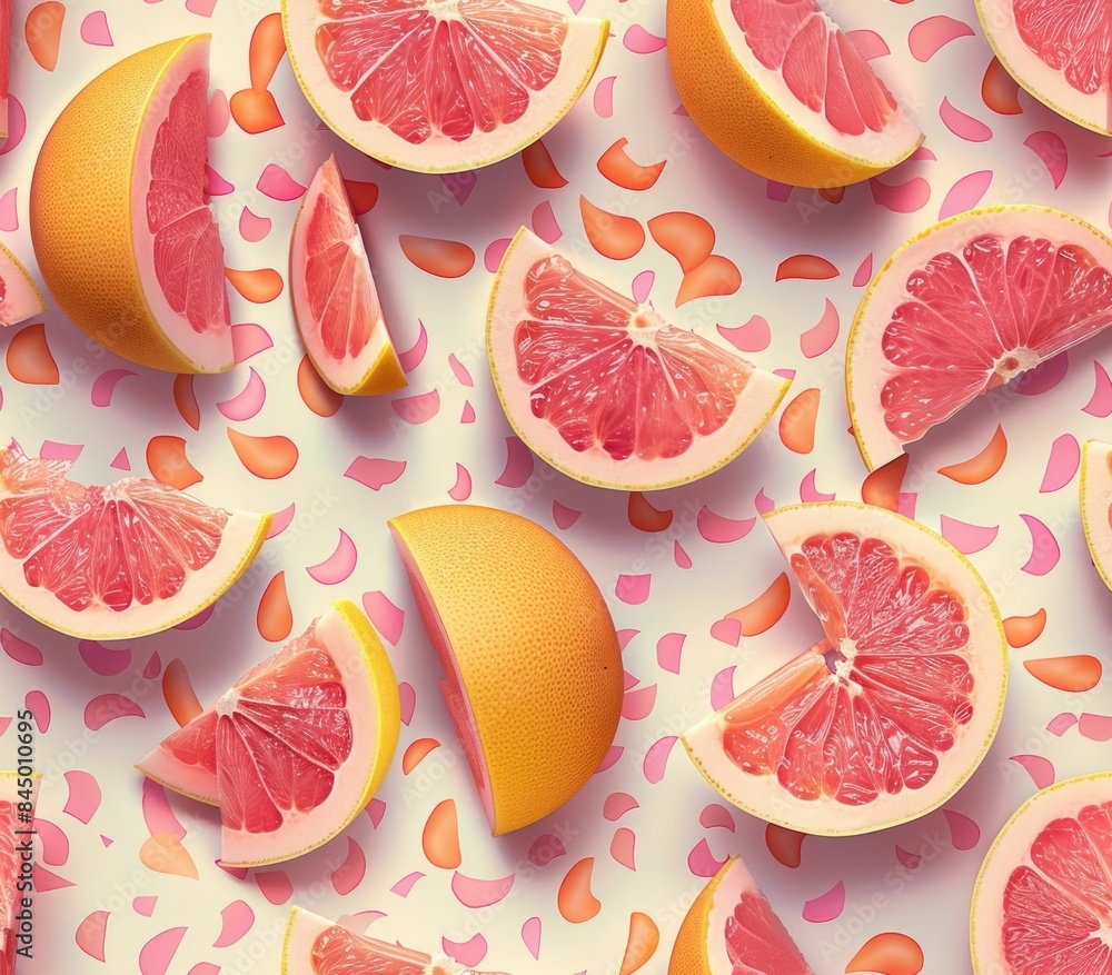 Poster repetitive arrangement of vibrant pink and yellow grapefruit wedges against a clean and colorful bac