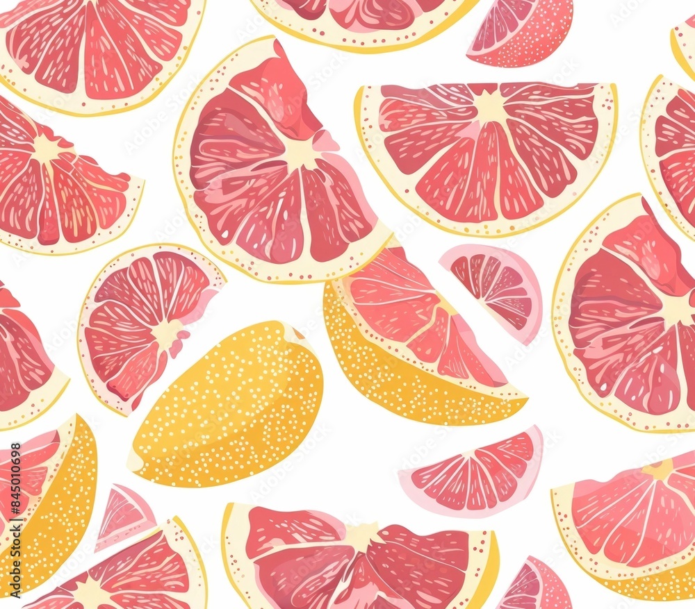 Poster seamless pattern featuring bright vibrant grapefruit wedges in shades of pink and yellow the citrus 