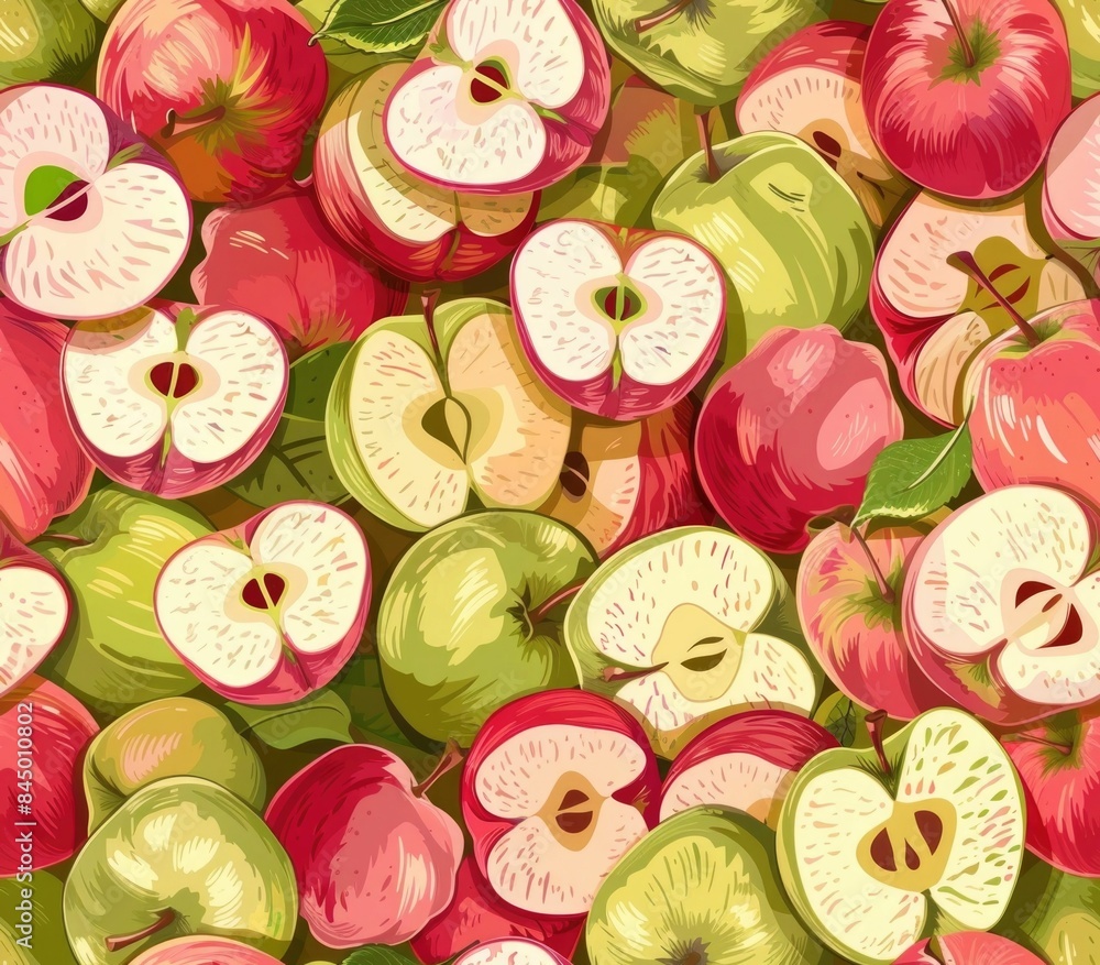 Poster visually striking seamless pattern featuring an arrangement of vibrant apple slices in various color