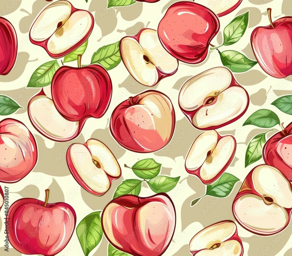 Poster seamless abstract pattern of vibrant red and green sliced apples in various compositions featuring d