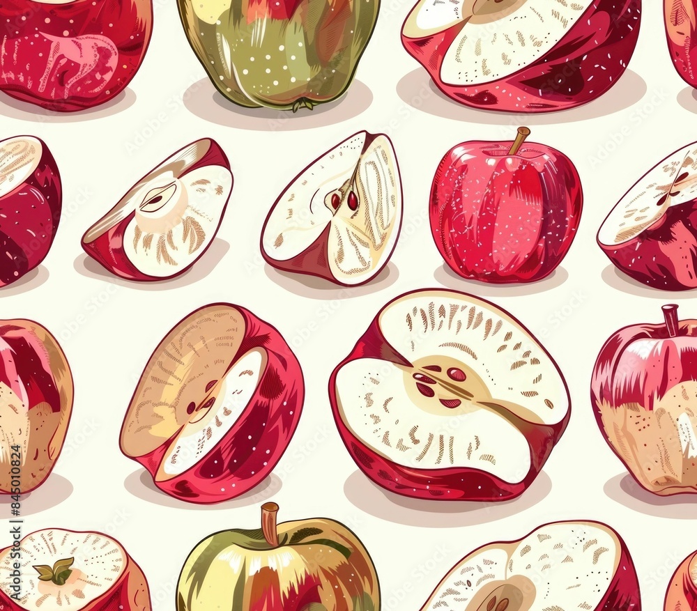 Poster seamless pattern featuring an abstract arrangement of apple slices in a variety of red green and gol