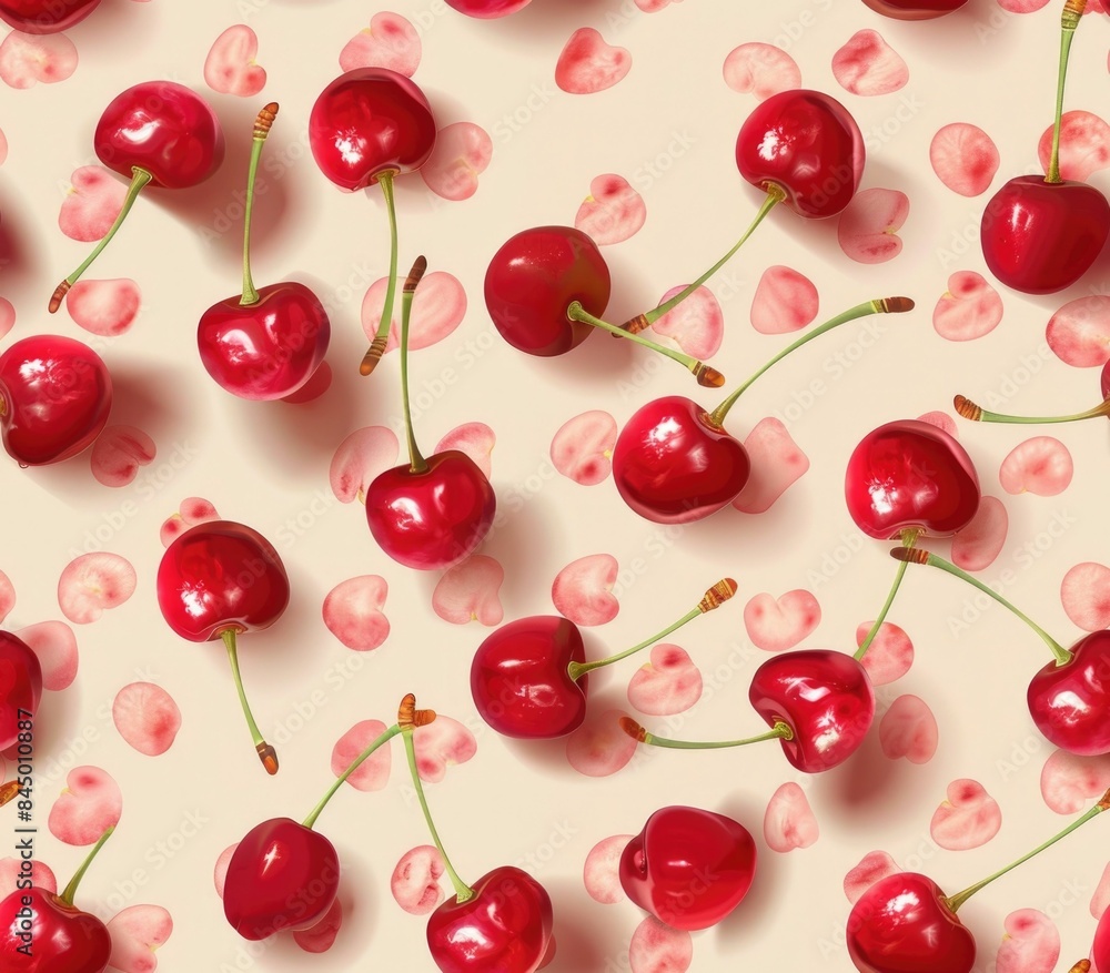 Poster delicate and seamless pattern showcasing the soft romantic form and color of ripe red cherries in pa