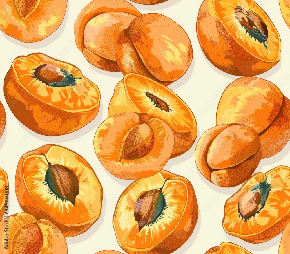 Poster this image showcases a seamless pattern of soft ripe apricot halves in warm inviting shades of orang