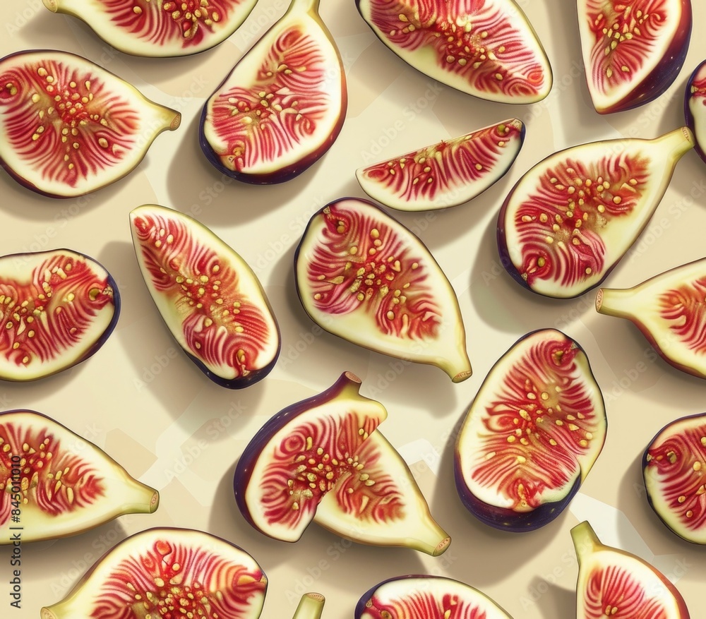 Poster vibrant and abstract arrangement of fresh fig slices highlighting the intricate patterns textures an