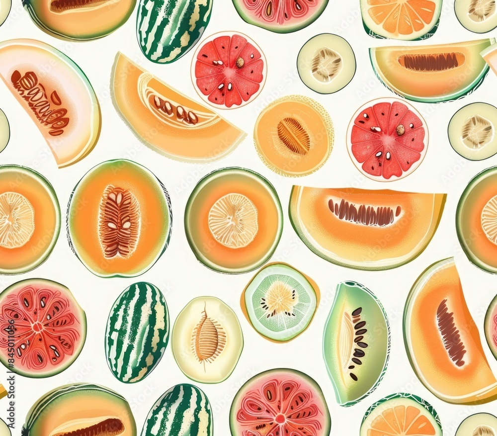 Poster seamless pattern featuring a vibrant arrangement of minimalist melon slices in various shapes and co