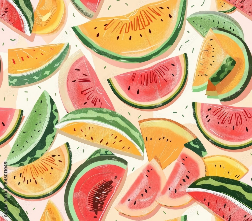 Poster minimalist melons seamless pattern of vibrant geometric fruit slices in soft pastel colors clean lin