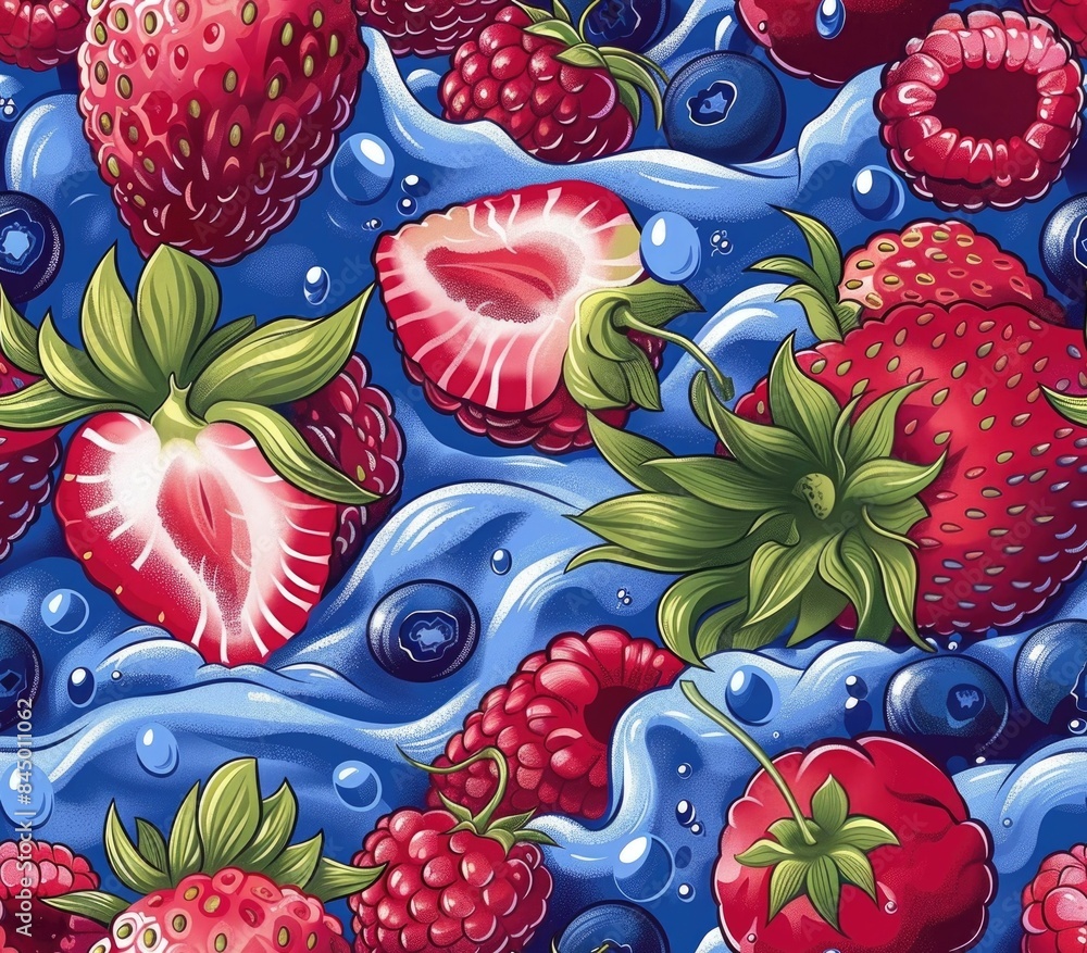 Poster seamless pattern featuring a dynamic blend of ripe juicy strawberries raspberries and blueberries in