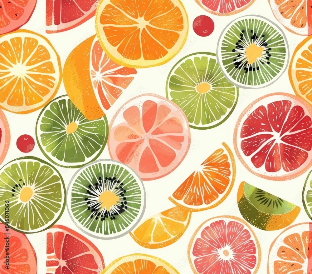 Poster seamless background pattern with various slices of tropical fruits in a soft pastel color palette th