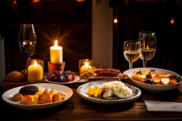A table set with a variety of delicious food dishes and glowing candles.