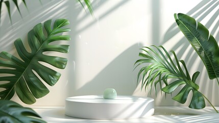 3D product presentation background with white podium and monstera leaf.