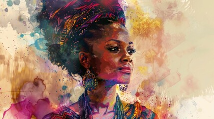 Vibrant Regal African Woman in Flowing Colorful Dashiki Dress with Ornate Tribal Jewelry Textile Textures and Impressionistic Watercolor Painting Style
