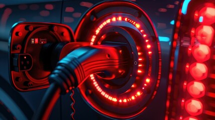Obraz premium Detailed close up view of an electric car charging cable plug connected to a power outlet with illuminated indicator lights showcasing the charging process and status