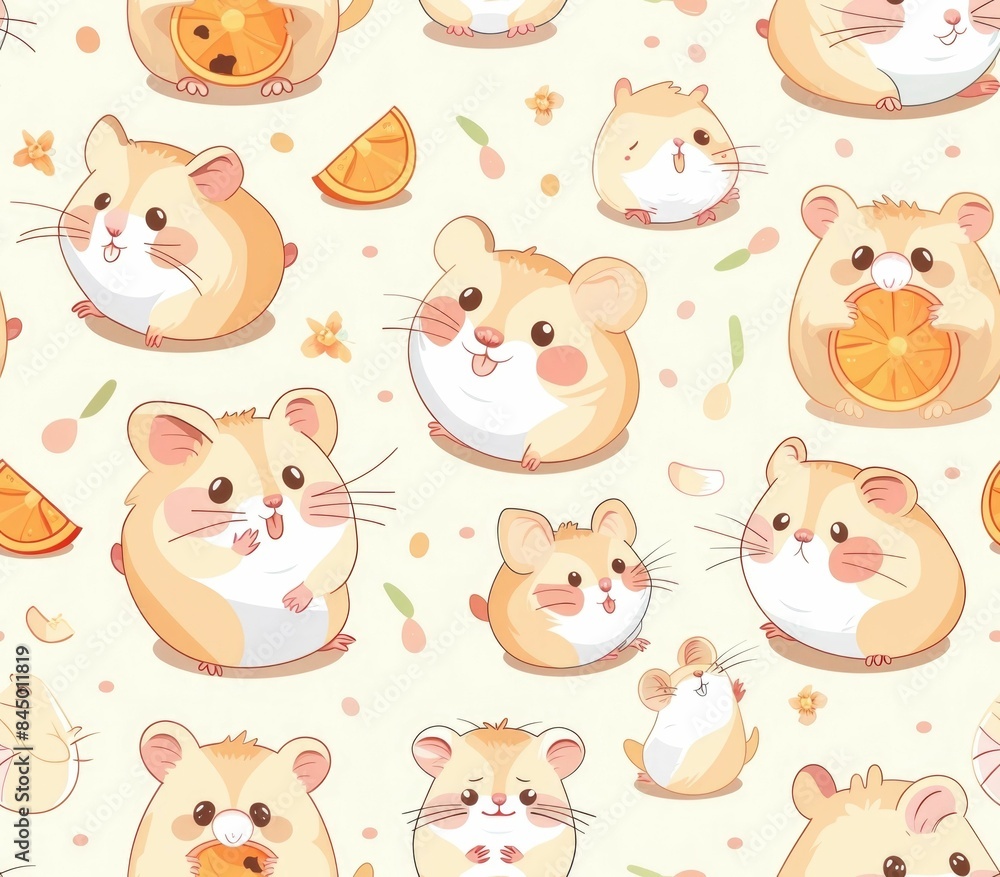 Poster adorable and playful hamsters in a seamless pattern design surrounded by colorful wheels and tasty s