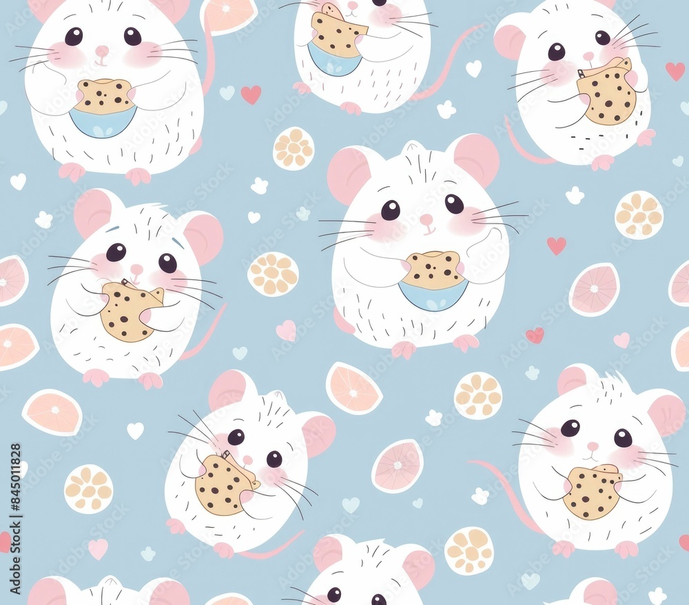 Poster seamless pattern featuring a repeating design of playful and cute hamsters with wheels and snacks in