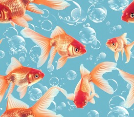 Fototapeta premium Peaceful underwater scene with colorful goldfish swimming among transparent bubbles in a seamless pastel pattern background Abstract minimalist aquarium design