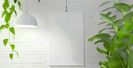 Minimalist Interior Mockup with Blank Canvas on a White Brick Wall with Plants and a Pendant Light. Home Decor Concept.