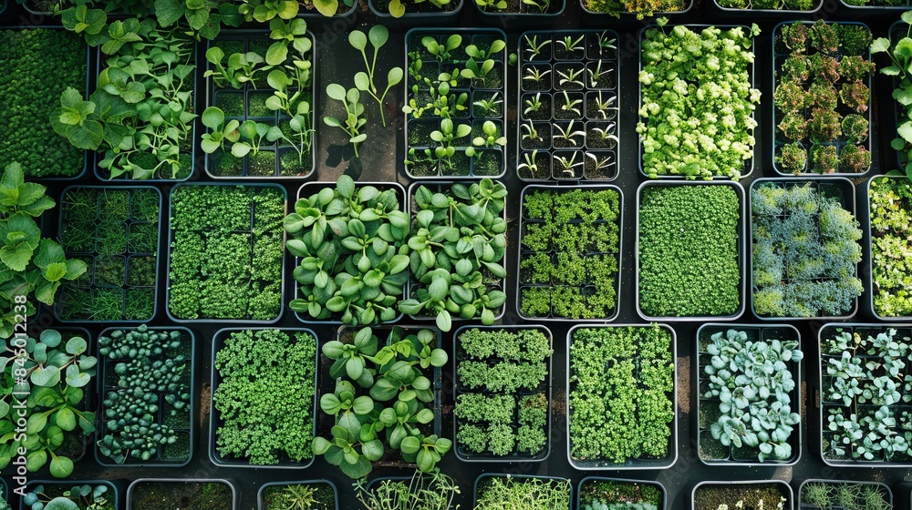 Aufkleber an overhead shot showcases a microgreen farm with various types of microgreens growing in trays. gen