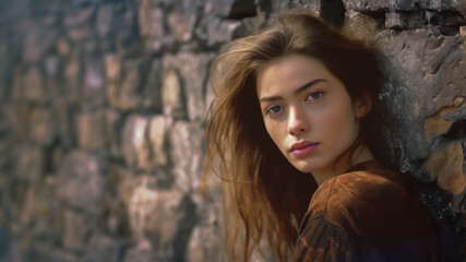Naklejka premium A beautiful brunette model looking back over her shoulder while she stands against an old stone wall.