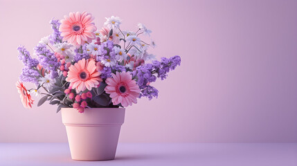 Fototapeta premium Beautiful spring flowers in a ceramic vase on a light purple background