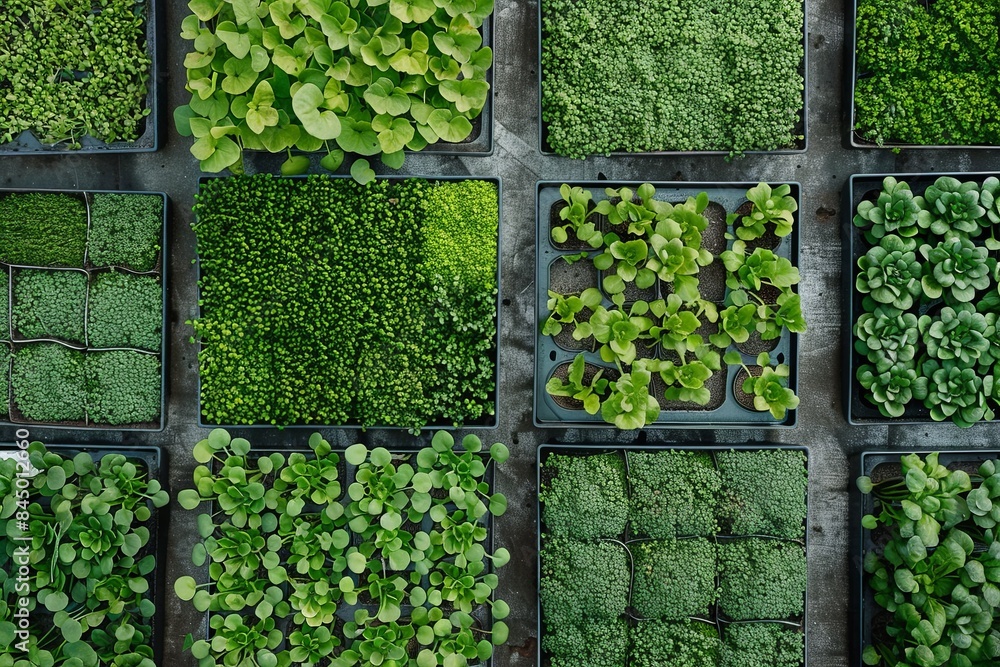 Poster A top-down view of a microgreen farm, showing rows of trays filled with various types of microgreens. Generative AI