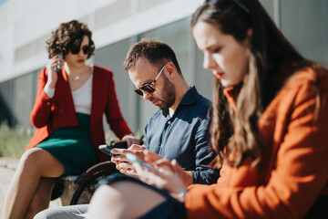 A group of young business professionals are discussing strategies and ideas for company growth while seated outdoors in a city.