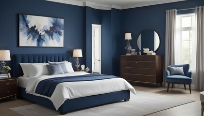 A high-definition capture of a stylish bedroom, focusing on a large round mirror above a dresser that enhances the room’s visual space and elegance.