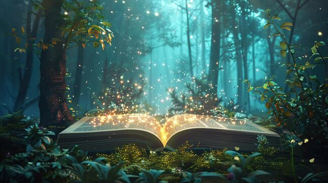 Enchanted magic book discovered amidst the mystical forest
 Seamless looping 4k time-lapse virtual video animation background. Generated AI