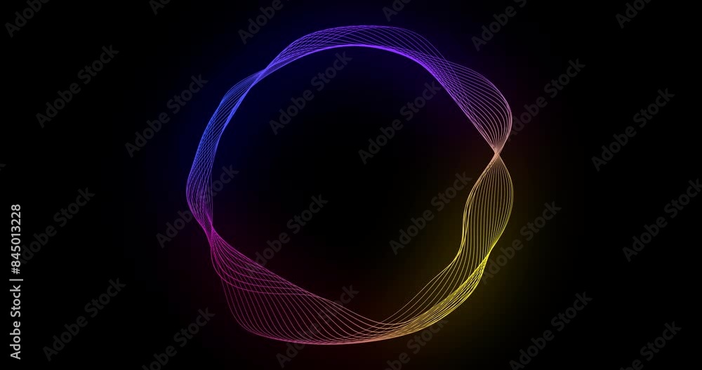 Poster Pattern, flow and circle with colorful lines of rhythm or ripple of futuristic particles or lines. Abstract, neon lights and glow of round stream, texture or wallpaper in studio or black background