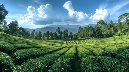 Naklejka premium A panoramic view of a tea plantation with neat rows of tea bushes stretching into the distance